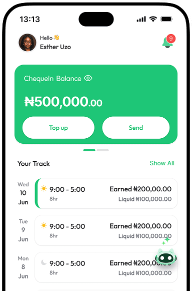 ChequeIn wallet showing balance and tracked shifts